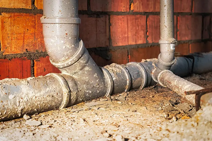 Close-up of old PVC drainage pipes along a brick wall